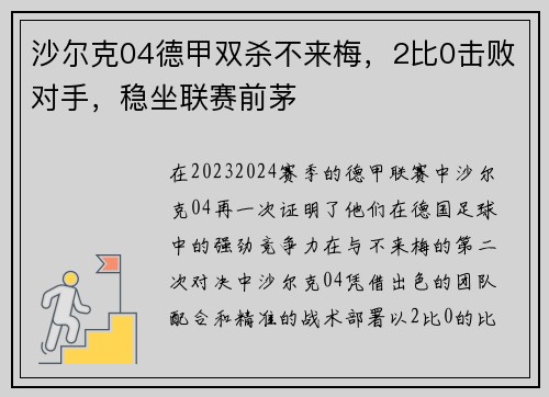 沙尔克04德甲双杀不来梅，2比0击败对手，稳坐联赛前茅